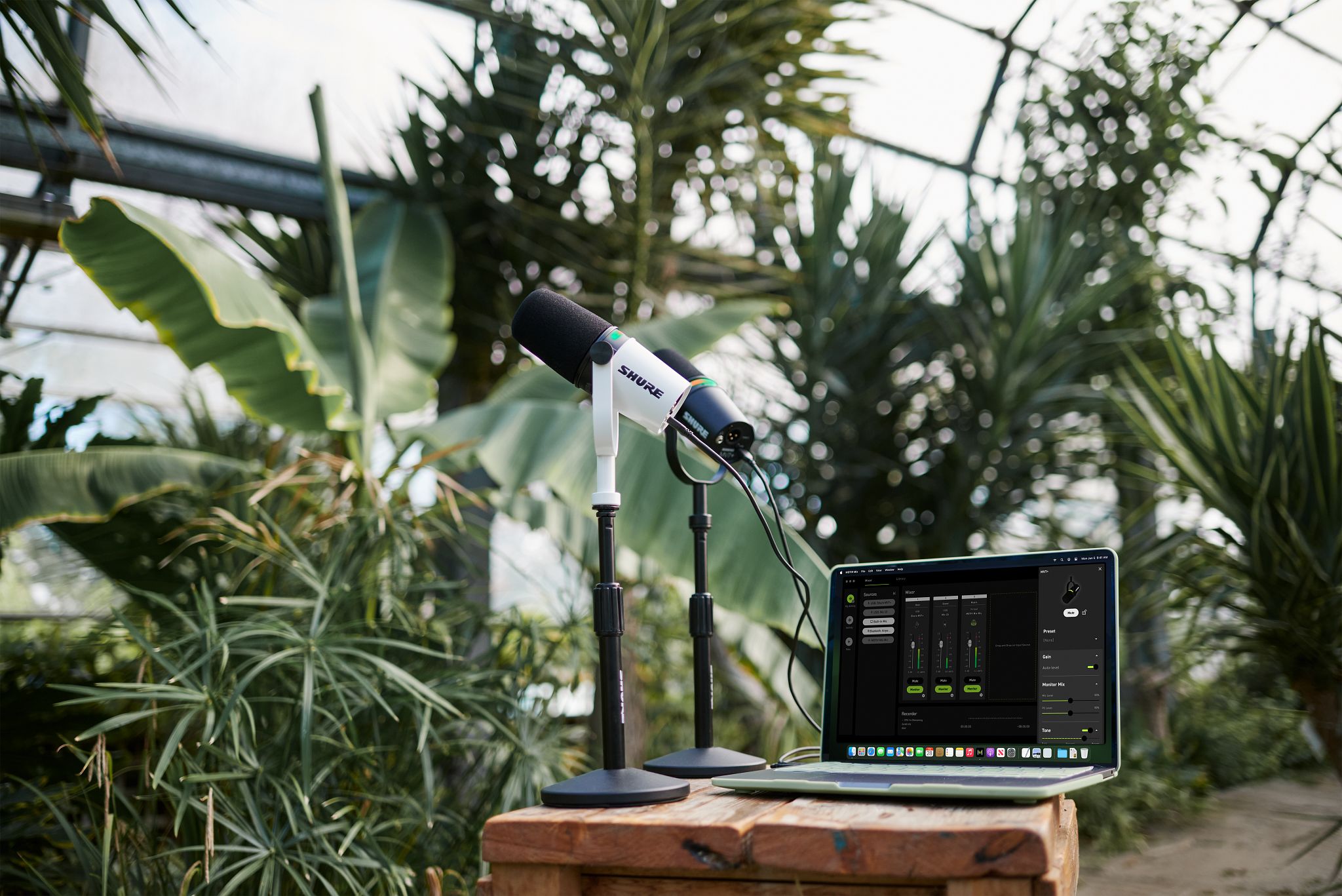 Shure MV7+ microphone in a home studio.